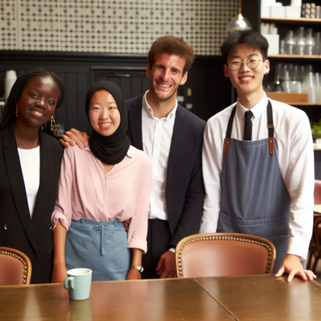 Team members at SIPP LONDON LTD preparing drinks and chatting with guests in the café