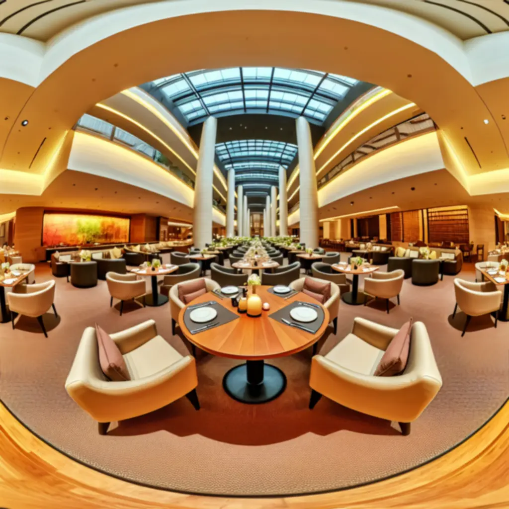 Contemporary café interior with soft lighting and comfortable seating