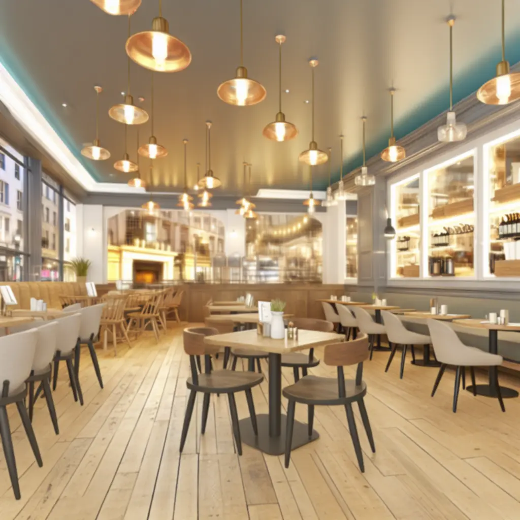 Cozy modern café interior at SIPP LONDON LTD with soft lighting and comfortable seating